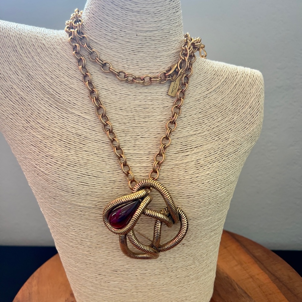 Vintage Oscar De La Renta Red Resin Stone Serpentine Pendant Brooch Necklace